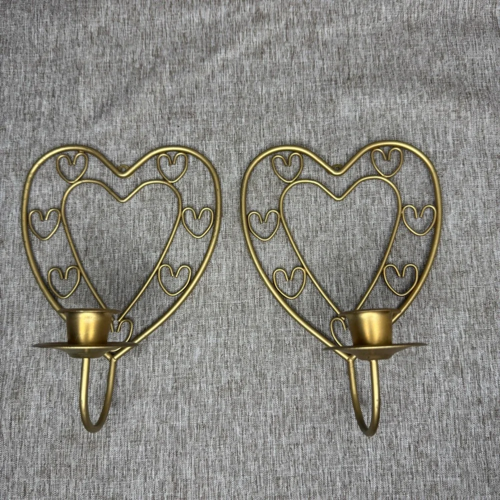 Vintage Gold Metal Heart Scroll Wall Sconce Pair CottageCore Decor